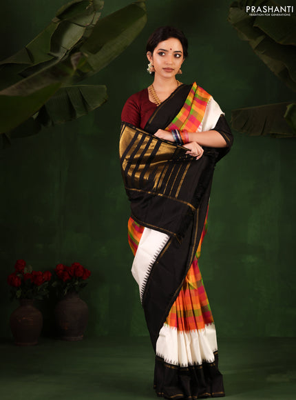 Multi Colour-Black Pure Kanchipuram Silk Saree With Allover Checked Pattern