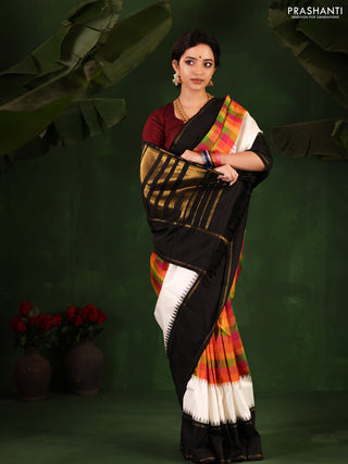 Multi Colour-Black Pure Kanchipuram Silk Saree With Allover Checked Pattern