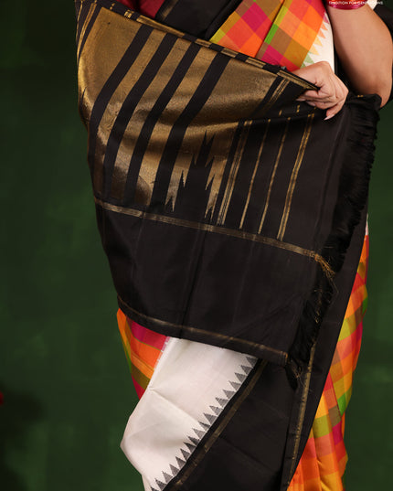 Multi Colour-Black Pure Kanchipuram Silk Saree With Allover Checked Pattern