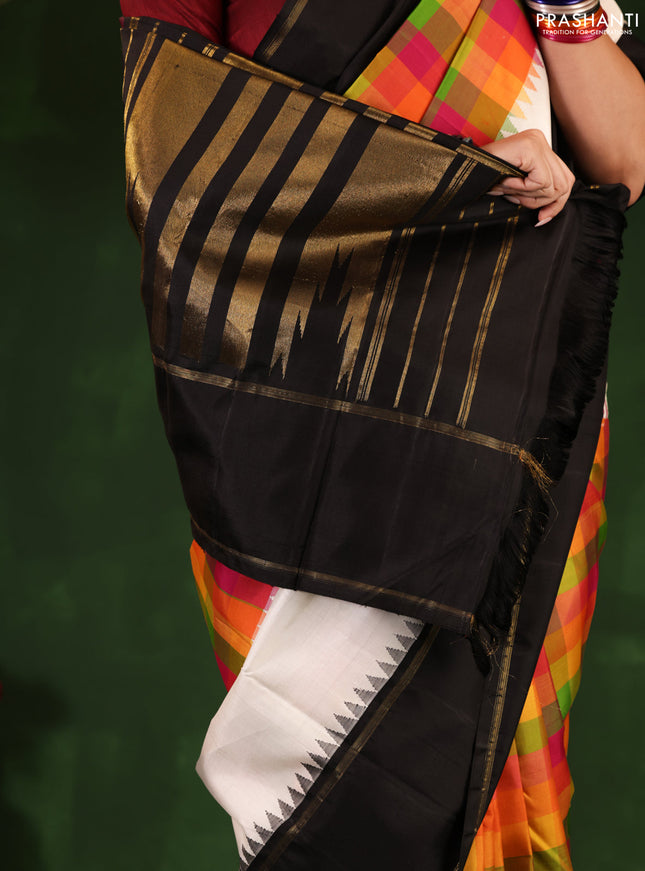 Multi Colour-Black Pure Kanchipuram Silk Saree With Allover Checked Pattern