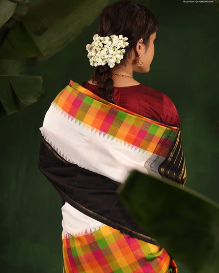 Multi Colour-Black Pure Kanchipuram Silk Saree With Allover Checked Pattern
