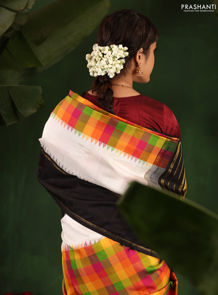 Multi Colour-Black Pure Kanchipuram Silk Saree With Allover Checked Pattern