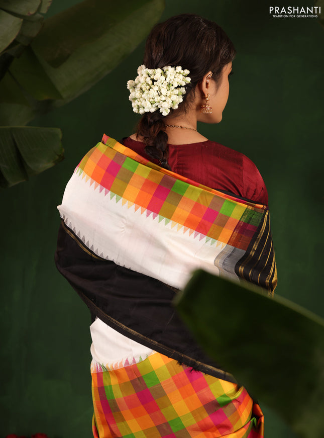 Multi Colour-Black Pure Kanchipuram Silk Saree With Allover Checked Pattern