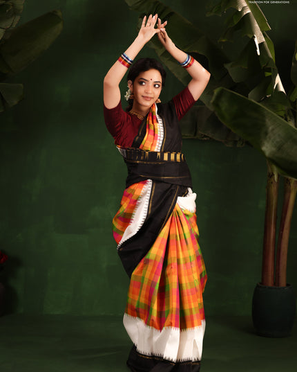 Multi Colour-Black Pure Kanchipuram Silk Saree With Allover Checked Pattern