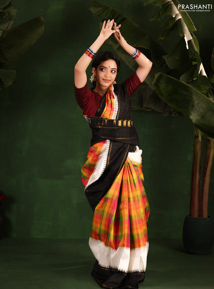 Multi Colour-Black Pure Kanchipuram Silk Saree With Allover Checked Pattern