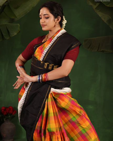 Multi Colour-Black Pure Kanchipuram Silk Saree With Allover Checked Pattern