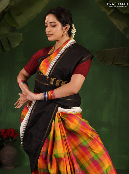 Multi Colour-Black Pure Kanchipuram Silk Saree With Allover Checked Pattern