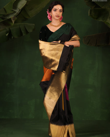 Green-Black Pure Kanchipuram Silk Saree With zari woven Temple Border