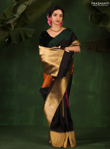 Green-Black Pure Kanchipuram Silk Saree With zari woven Temple Border