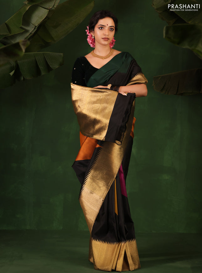 Green-Black Pure Kanchipuram Silk Saree With zari woven Temple Border