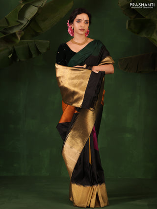 Green-Black Pure Kanchipuram Silk Saree With zari woven Temple Border