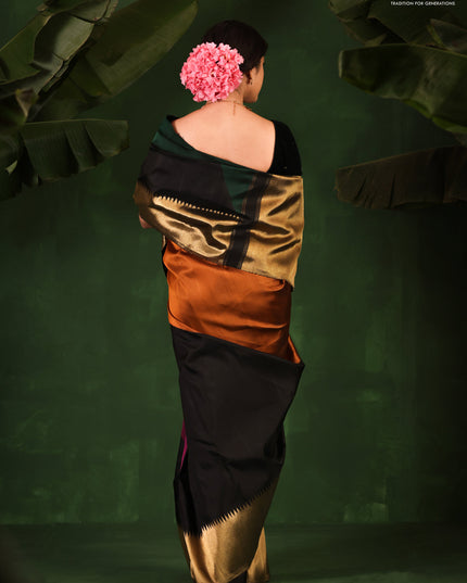 Green-Black Pure Kanchipuram Silk Saree With zari woven Temple Border