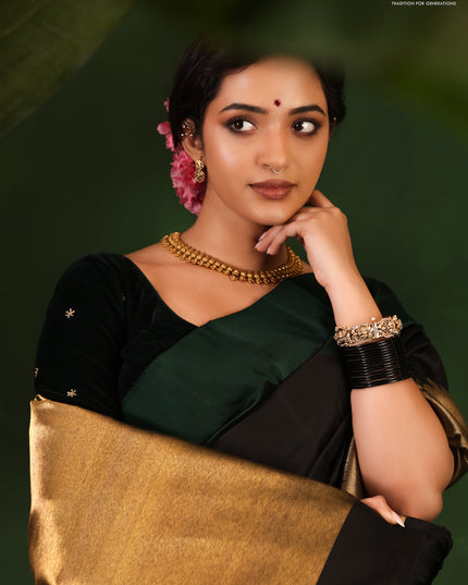 Green-Black Pure Kanchipuram Silk Saree With zari woven Temple Border