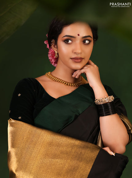 Green-Black Pure Kanchipuram Silk Saree With zari woven Temple Border