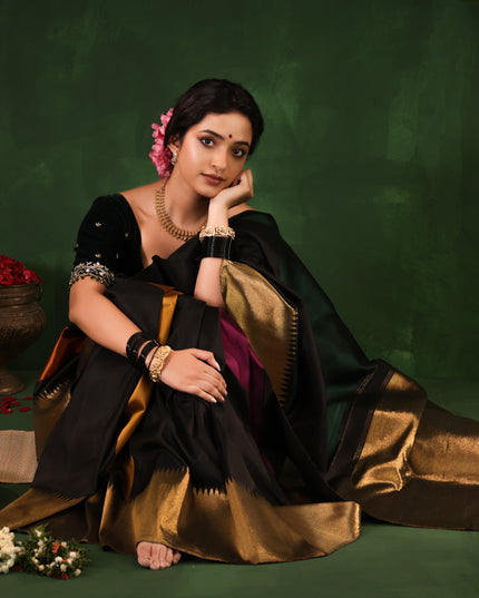 Green-Black Pure Kanchipuram Silk Saree With zari woven Temple Border