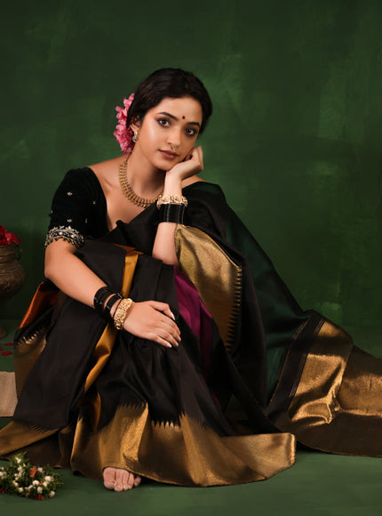 Green-Black Pure Kanchipuram Silk Saree With zari woven Temple Border