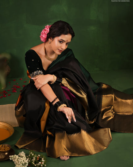 Green-Black Pure Kanchipuram Silk Saree With zari woven Temple Border