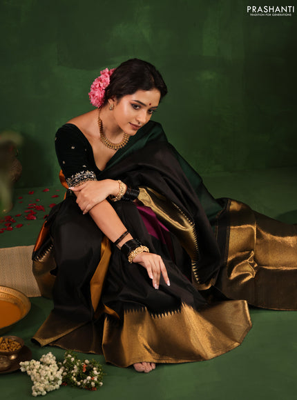 Green-Black Pure Kanchipuram Silk Saree With zari woven Temple Border