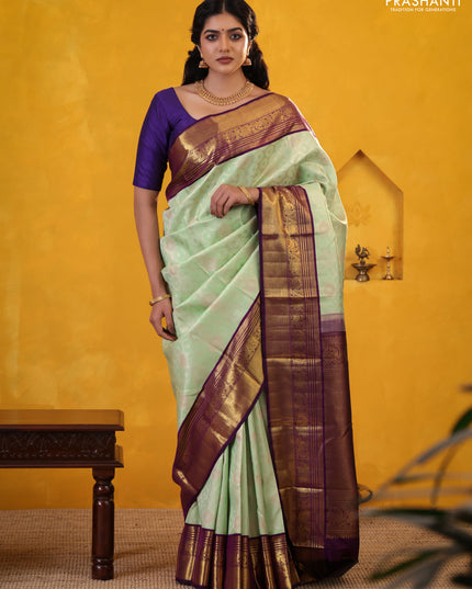 Pista Green-Violet Pure Kanchipuram Silk Saree With Allover Silver zari woven Brocade weaves
