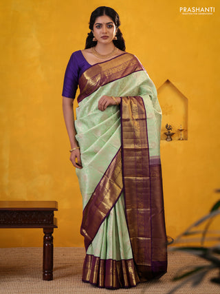 Pista Green-Violet Pure Kanchipuram Silk Saree With Allover Silver zari woven Brocade weaves