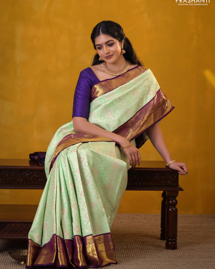 Pista Green-Violet Pure Kanchipuram Silk Saree With Allover Silver zari woven Brocade weaves