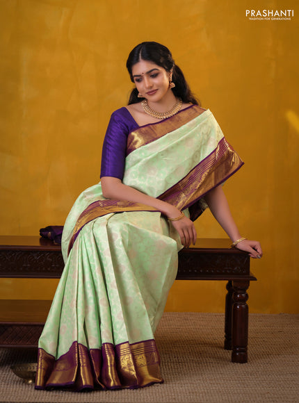 Pista Green-Violet Pure Kanchipuram Silk Saree With Allover Silver zari woven Brocade weaves