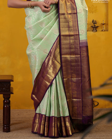 Pista Green-Violet Pure Kanchipuram Silk Saree With Allover Silver zari woven Brocade weaves