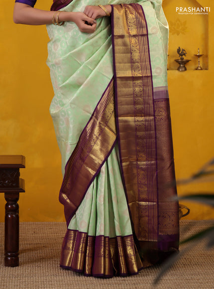 Pista Green-Violet Pure Kanchipuram Silk Saree With Allover Silver zari woven Brocade weaves