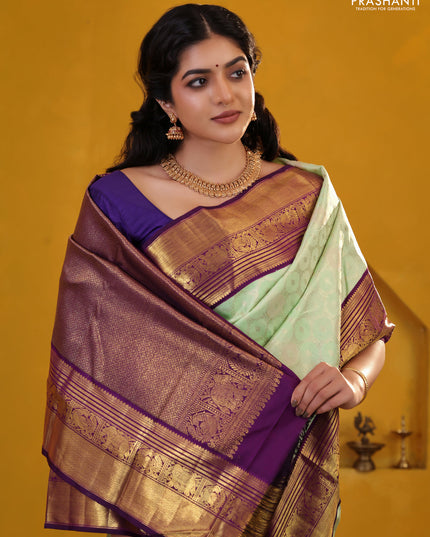 Pista Green-Violet Pure Kanchipuram Silk Saree With Allover Silver zari woven Brocade weaves