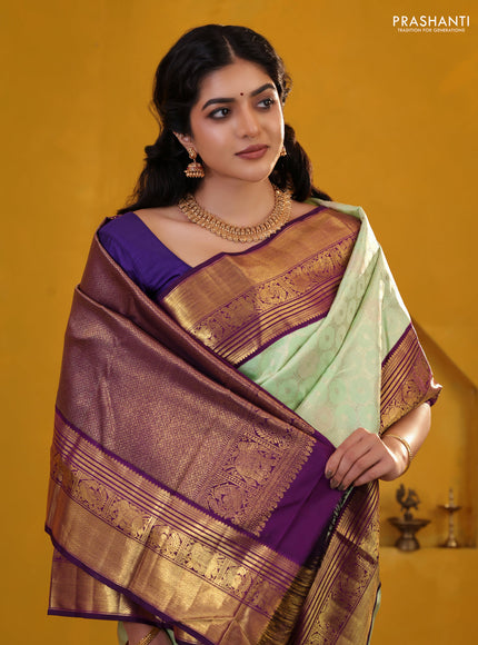 Pista Green-Violet Pure Kanchipuram Silk Saree With Allover Silver zari woven Brocade weaves