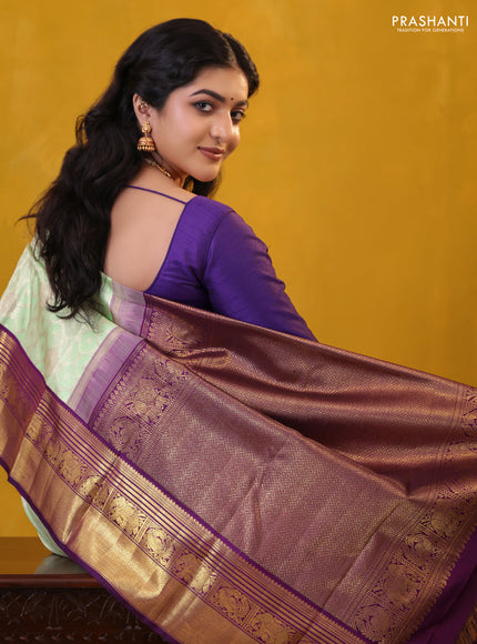 Pista Green-Violet Pure Kanchipuram Silk Saree With Allover Silver zari woven Brocade weaves