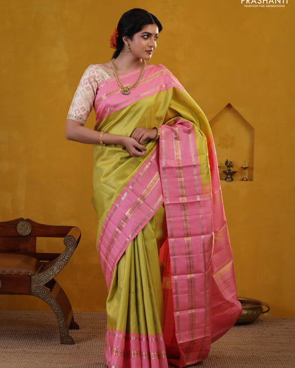 Lime Green-Light Pink Pure Kanchipuram Silk Saree With Allover zari checked Pattern