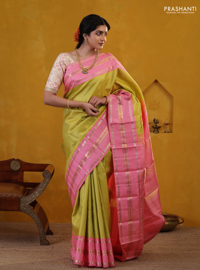 Lime Green-Light Pink Pure Kanchipuram Silk Saree With Allover zari checked Pattern