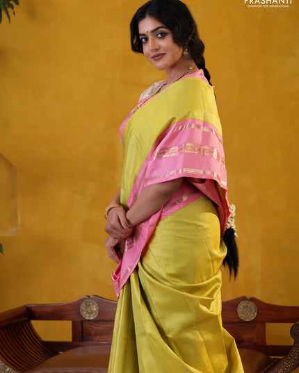 Lime Green-Light Pink Pure Kanchipuram Silk Saree With Allover zari checked Pattern