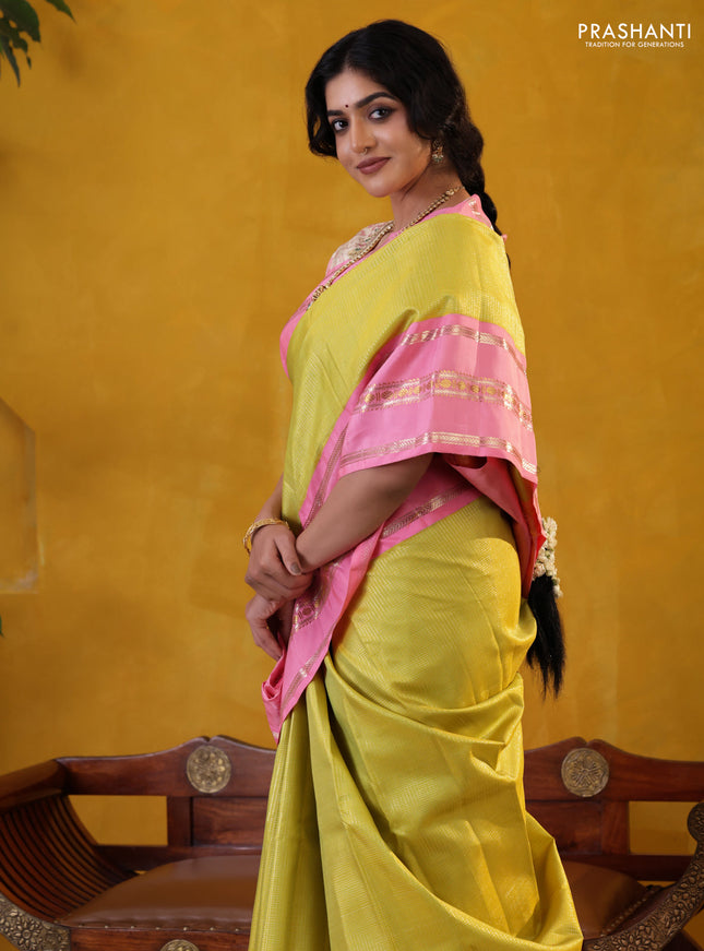 Lime Green-Light Pink Pure Kanchipuram Silk Saree With Allover zari checked Pattern