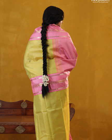 Lime Green-Light Pink Pure Kanchipuram Silk Saree With Allover zari checked Pattern