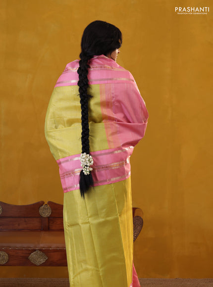 Lime Green-Light Pink Pure Kanchipuram Silk Saree With Allover zari checked Pattern