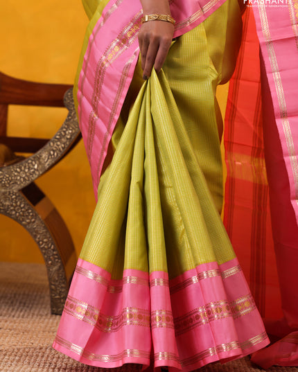 Lime Green-Light Pink Pure Kanchipuram Silk Saree With Allover zari checked Pattern
