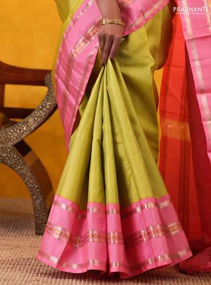 Lime Green-Light Pink Pure Kanchipuram Silk Saree With Allover zari checked Pattern