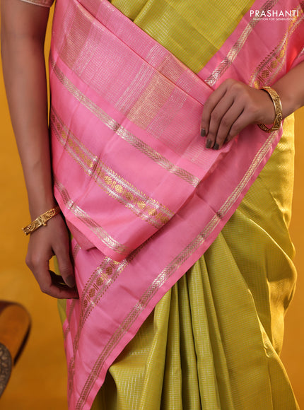 Lime Green-Light Pink Pure Kanchipuram Silk Saree With Allover zari checked Pattern