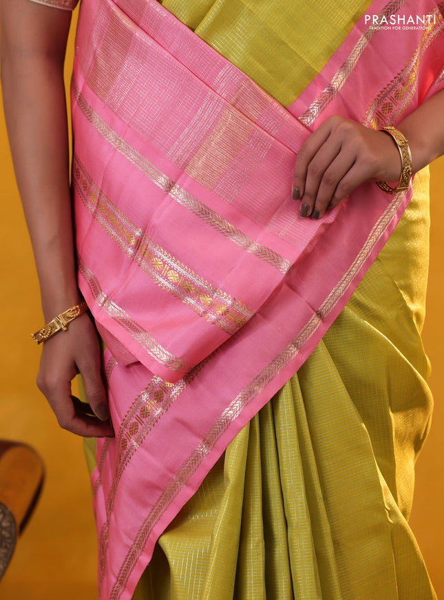 Lime Green-Light Pink Pure Kanchipuram Silk Saree With Allover zari checked Pattern