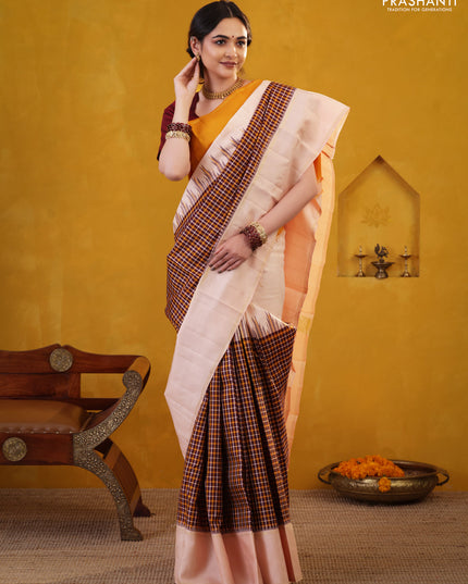 Wine Shade-Mustard yellow Pure Kanchipuram Silk Saree With Checked pattern & ganga Jamuna Border