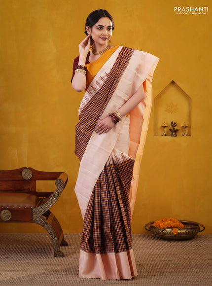 Wine Shade-Mustard yellow Pure Kanchipuram Silk Saree With Checked pattern & ganga Jamuna Border