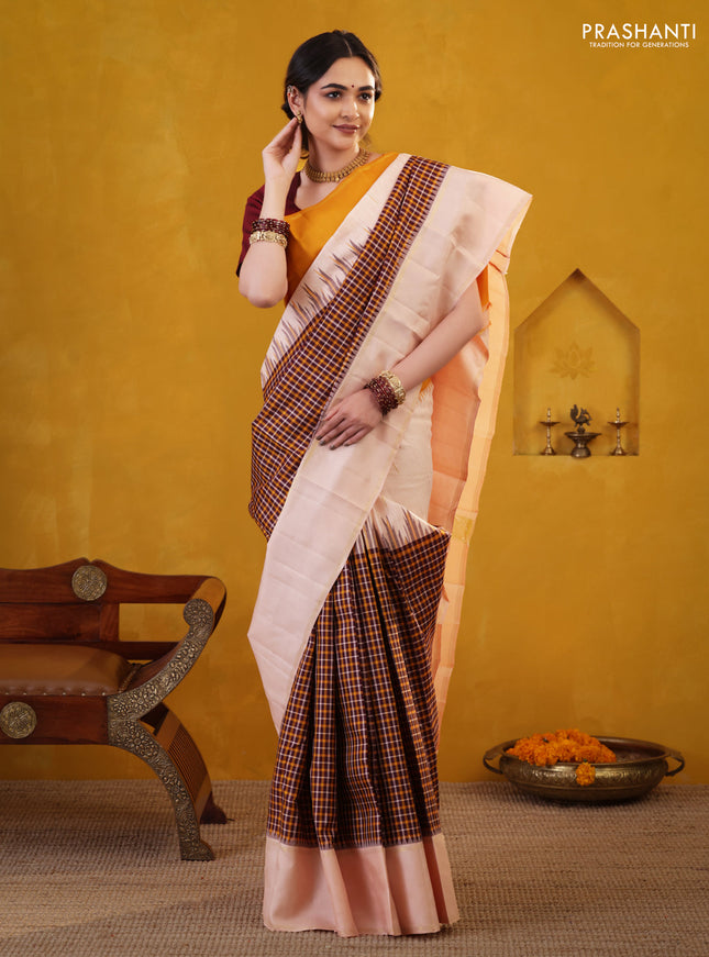Wine Shade-Mustard yellow Pure Kanchipuram Silk Saree With Checked pattern & ganga Jamuna Border