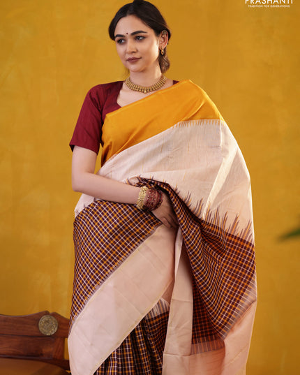 Wine Shade-Mustard yellow Pure Kanchipuram Silk Saree With Checked pattern & ganga Jamuna Border
