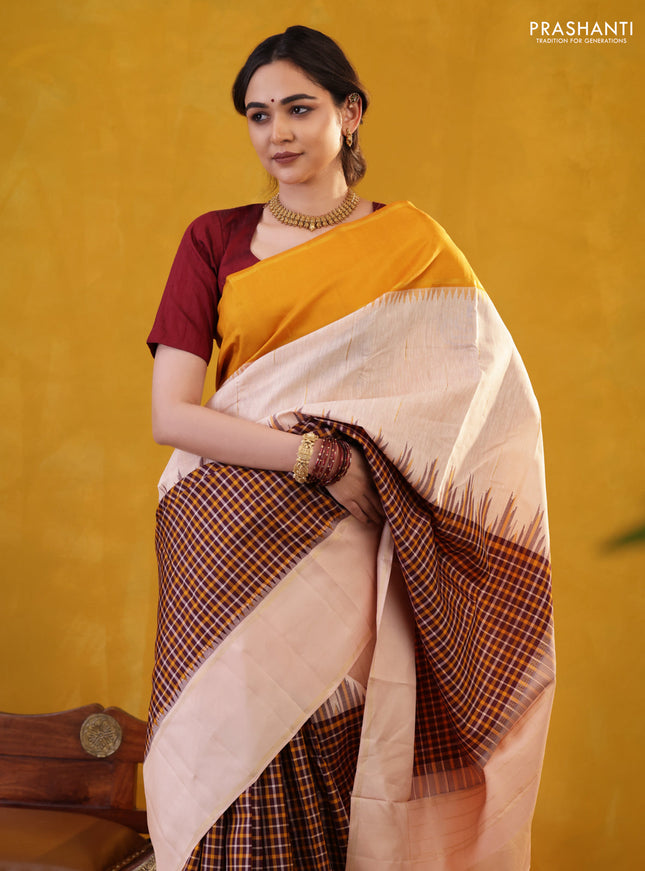Wine Shade-Mustard yellow Pure Kanchipuram Silk Saree With Checked pattern & ganga Jamuna Border