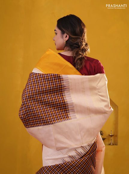 Wine Shade-Mustard yellow Pure Kanchipuram Silk Saree With Checked pattern & ganga Jamuna Border
