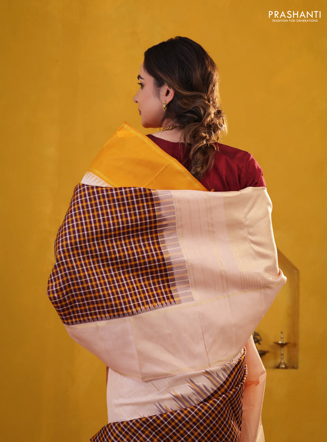 Wine Shade-Mustard yellow Pure Kanchipuram Silk Saree With Checked pattern & ganga Jamuna Border