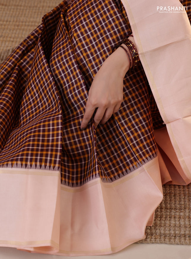 Wine Shade-Mustard yellow Pure Kanchipuram Silk Saree With Checked pattern & ganga Jamuna Border