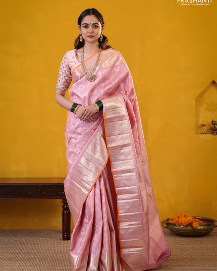 Pastel Pink-Orange Pure Kanchipuram Silk Saree With Allover Zari Weaves